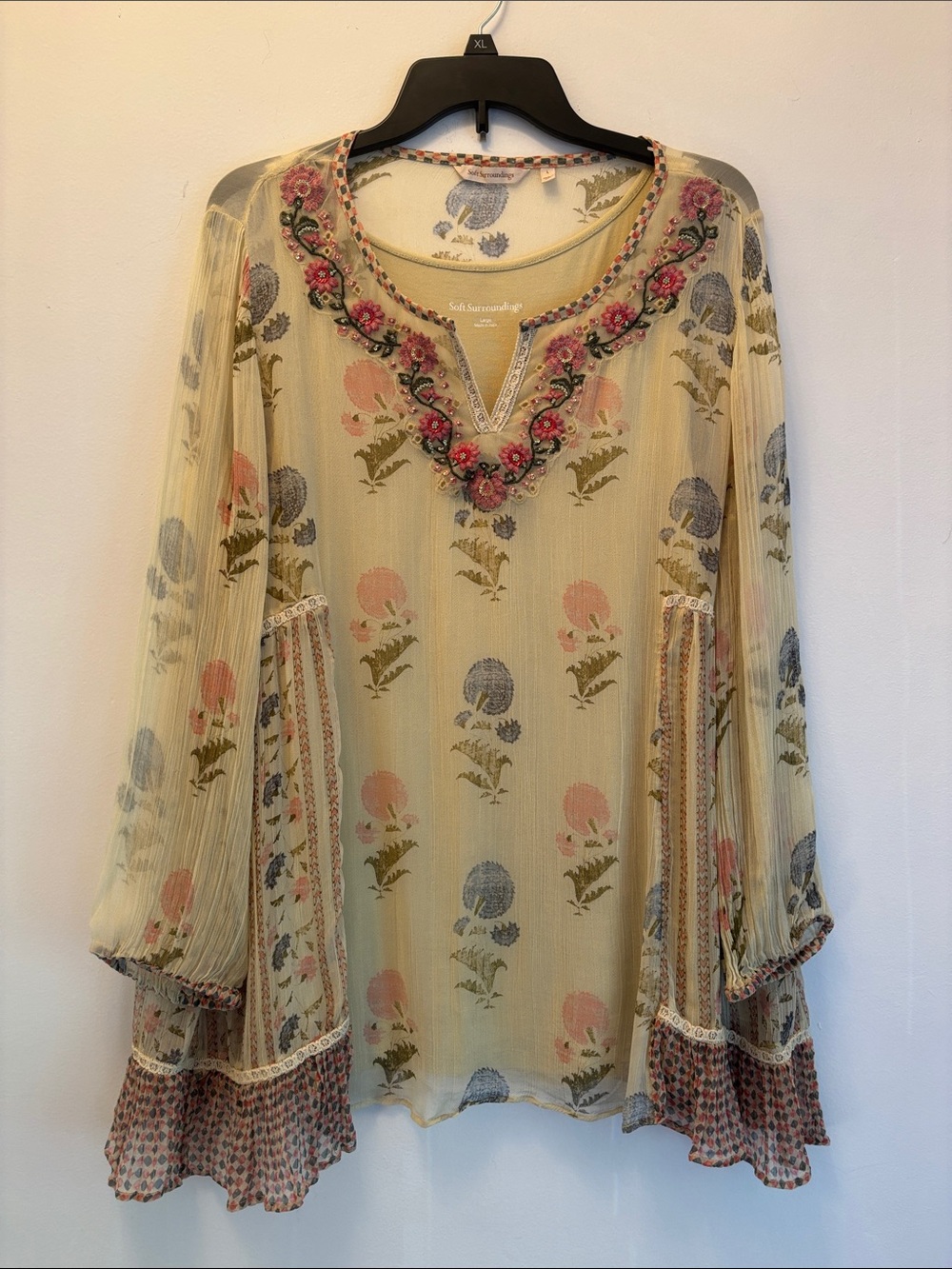 Soft Surroundings| Cream Floral Embroidered V-Neck Tunic with Pink & Blue Accent